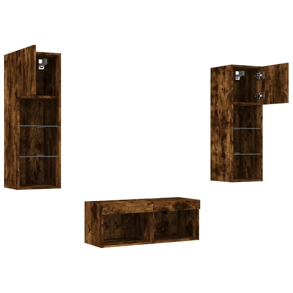 vidaXL Mobili TV a Muro 4pz con Luci LED Rovere Fumo