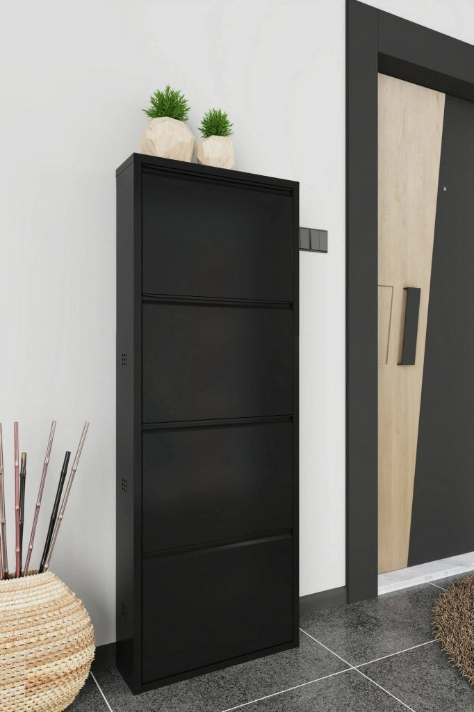 Scarpiera Axe, Mobile portascarpe in metallo, Armadio da ingresso multiuso, Mobiletto per calzature, 50x15h138 cm, Nero