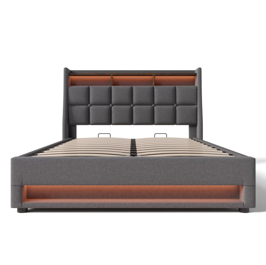 Letto matrimoniale imbottito 140x200 cm con LED; USB e contenitore; grigio in lino