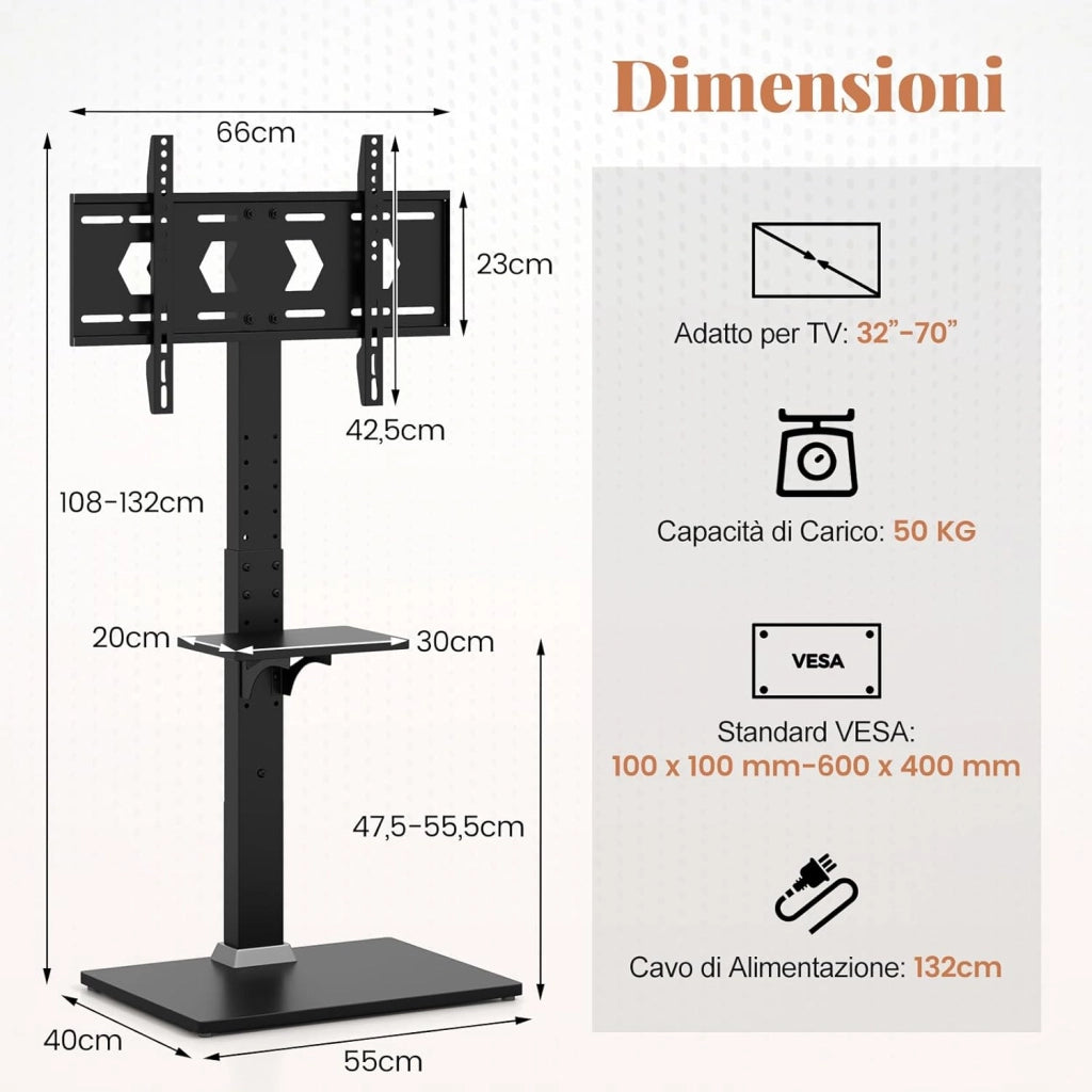 Supporto TV da Pavimento da 32-70 Pollici, Piedistallo TV Regolabile in Altezza e Inclinazione con Presa di Corrente e Ripiano AV, Portata 50 kg, Porta TV per Soggiorno