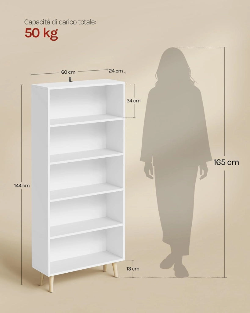 Libreria a 5 Ripiani, Scaffale Libreria da Terra Salvaspazio, Mobile Porta Libri in Legno Bianco Moderno, per Soggiorno, Camera da Letto, Studio, Ufficio, 60x24x144cm