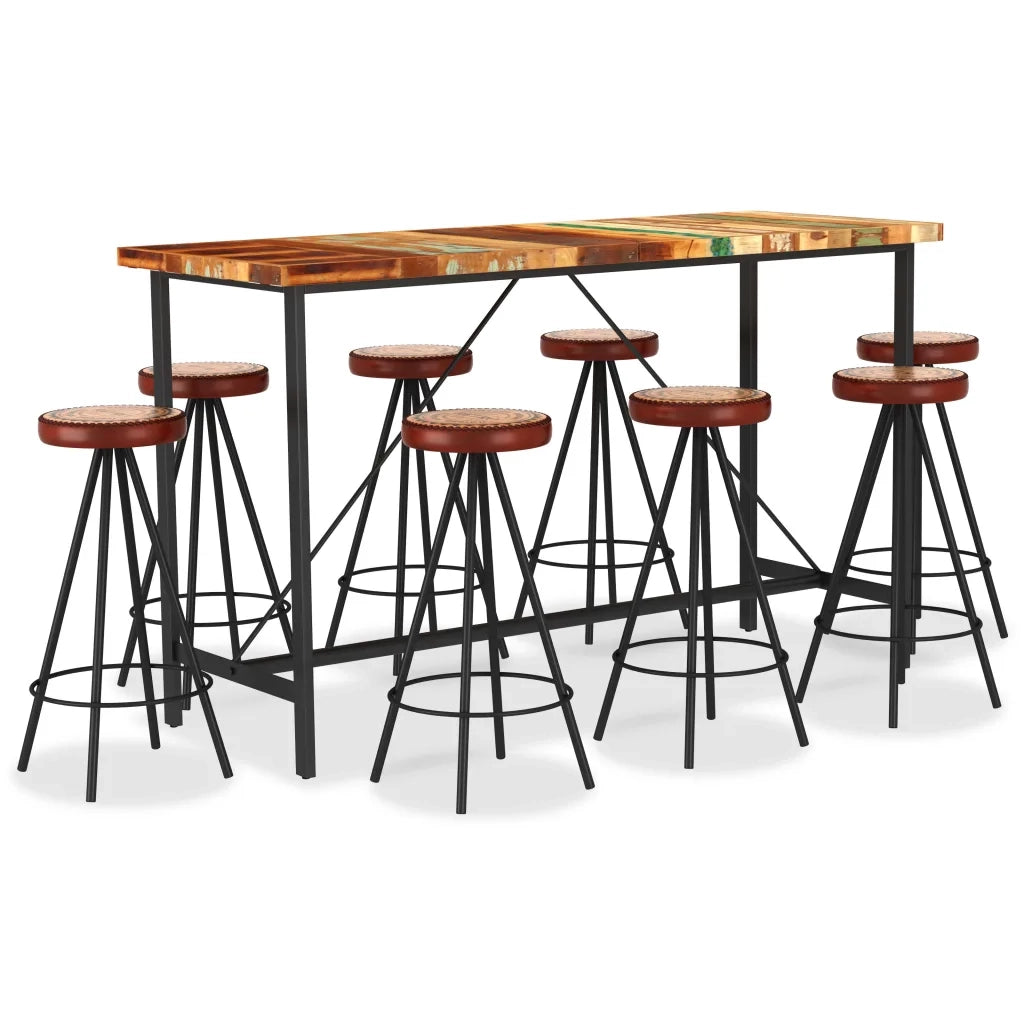 Set da Bar 9 pz in Legno Massello di Recupero Vera Pelle e Tela cod mxl 60752