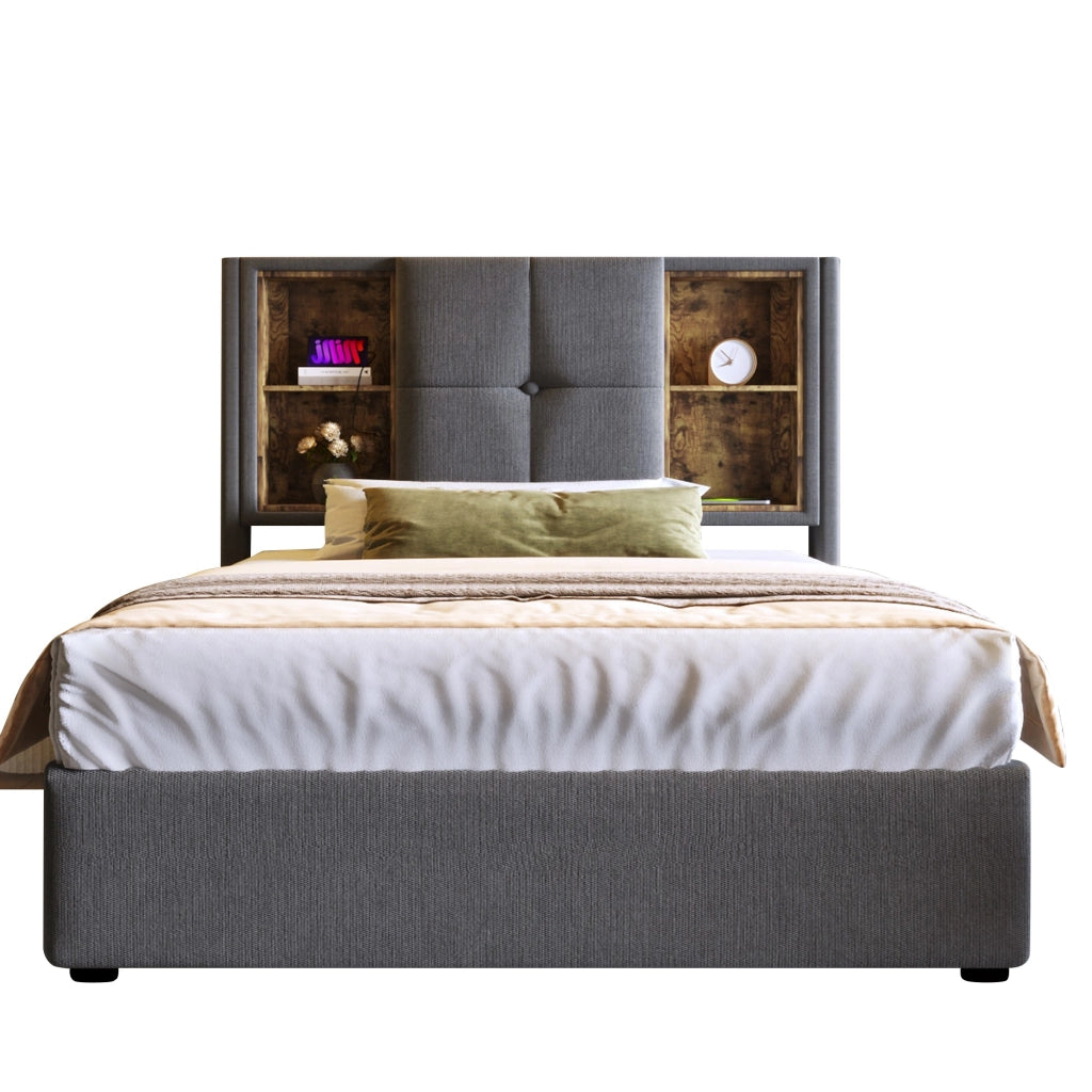 Letto Singolo 90x200 Imbottito Grigio con Contenitore e Ricarica Wireless