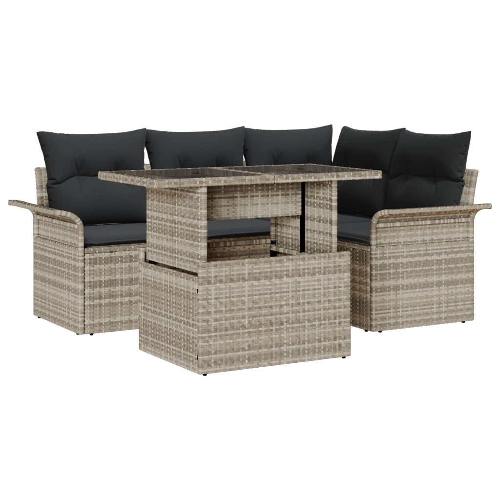 Set divani giardino 5 pezzi con cuscini grigio chiaro in polirattan
