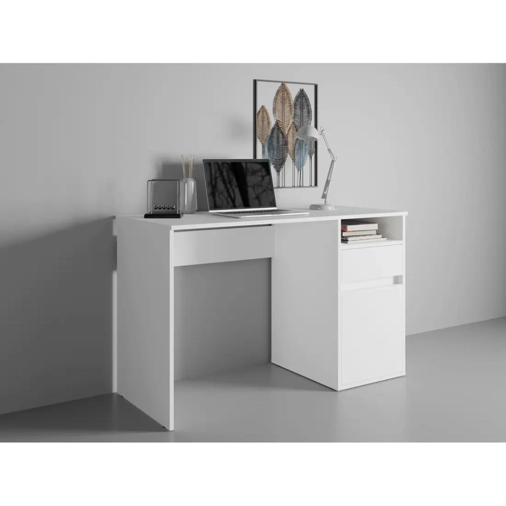 Scrivania BILOU bianca – 1 cassetto, 1 porta e 2 vani – Design pulito e luminoso per camera da bambino