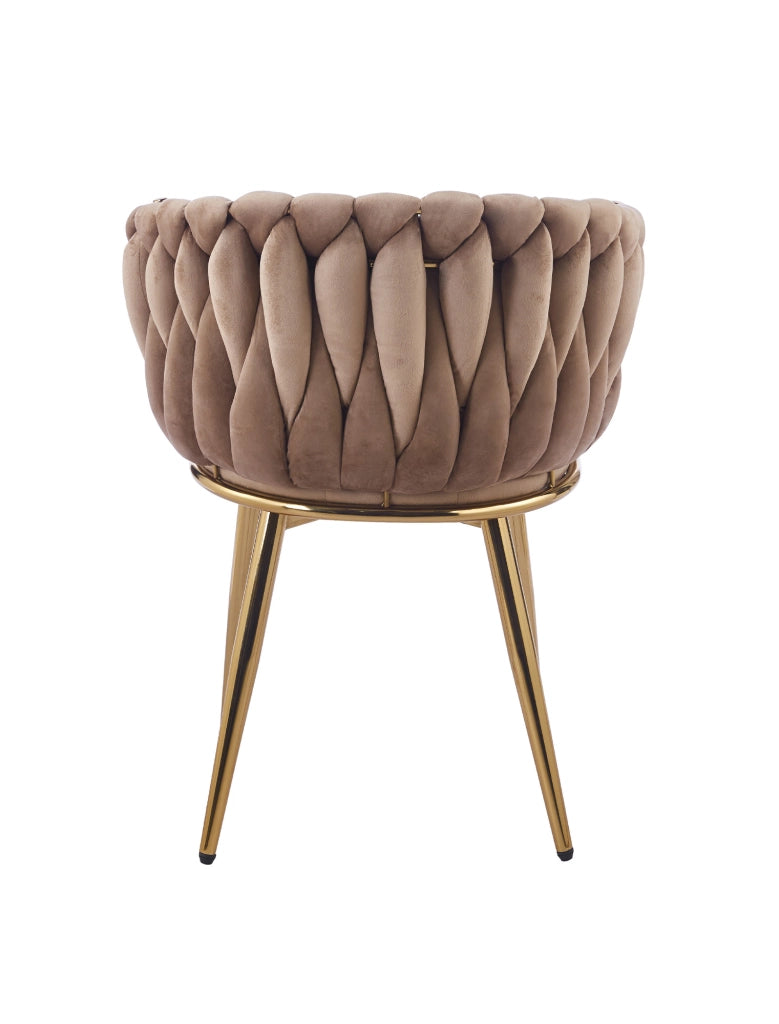 Poltrona Con Schienale In Velluto Intrecciato Design Moderno, Sedia Imbottita Circolare con Gambe in Metallo Placcato Oro Poltroncina Sala Pranzo Camera Salotto Cucina con Seduta Morbida Tortora