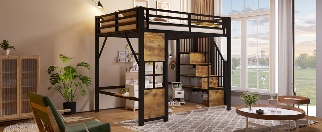 Letto a soppalco per bambini 140 × 200 cm con scala contenitore, ripiano laterale, senza materasso, nero