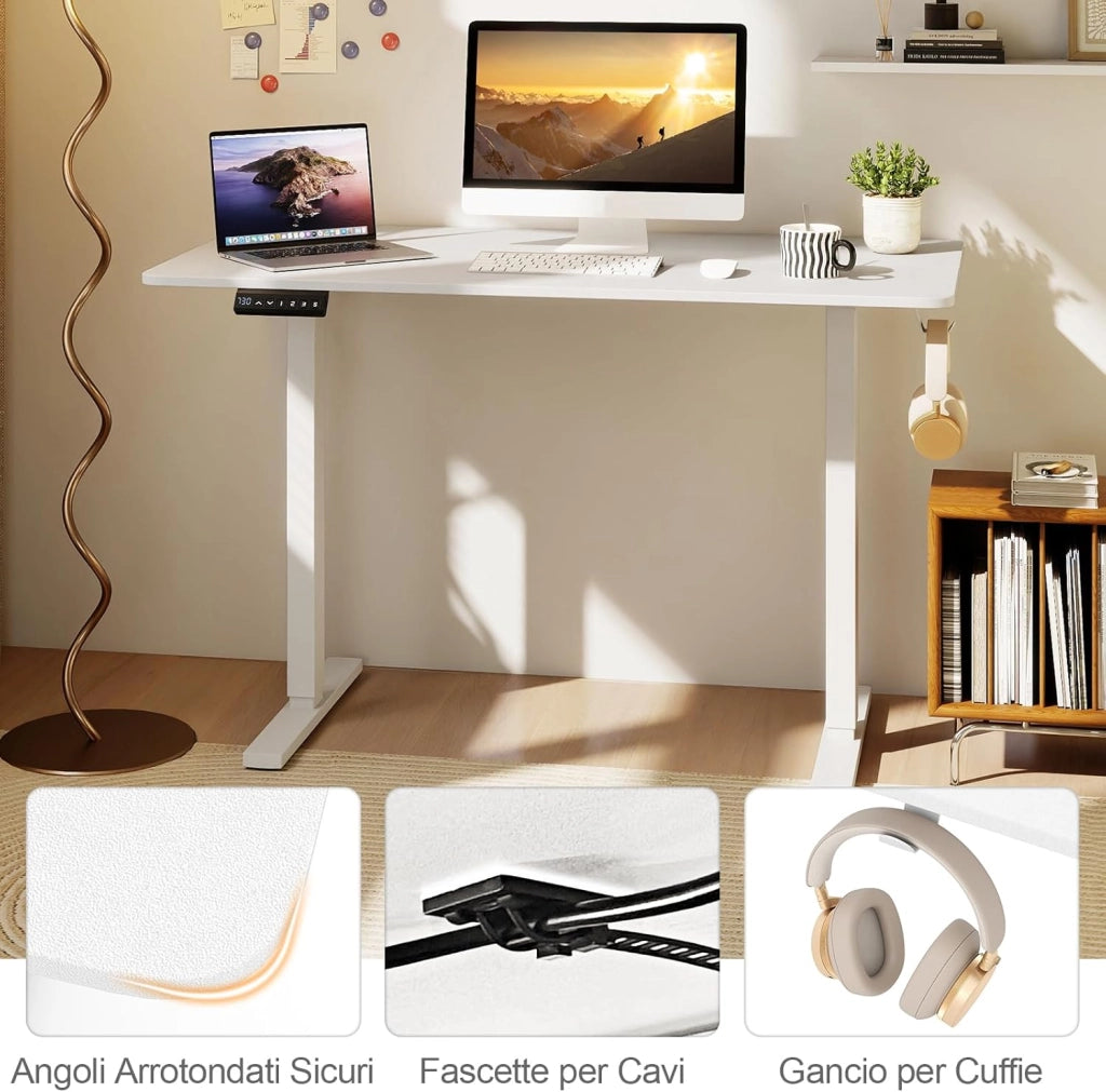 Scrivania Elettrica Ergonomica 120 x 60 cm, 3 Memorie di Altezza, Protezione Anti-Collisione e Gancio per Cuffie, Scrivania Regolabile in Altezza per Ufficio e Casa (Bianco)