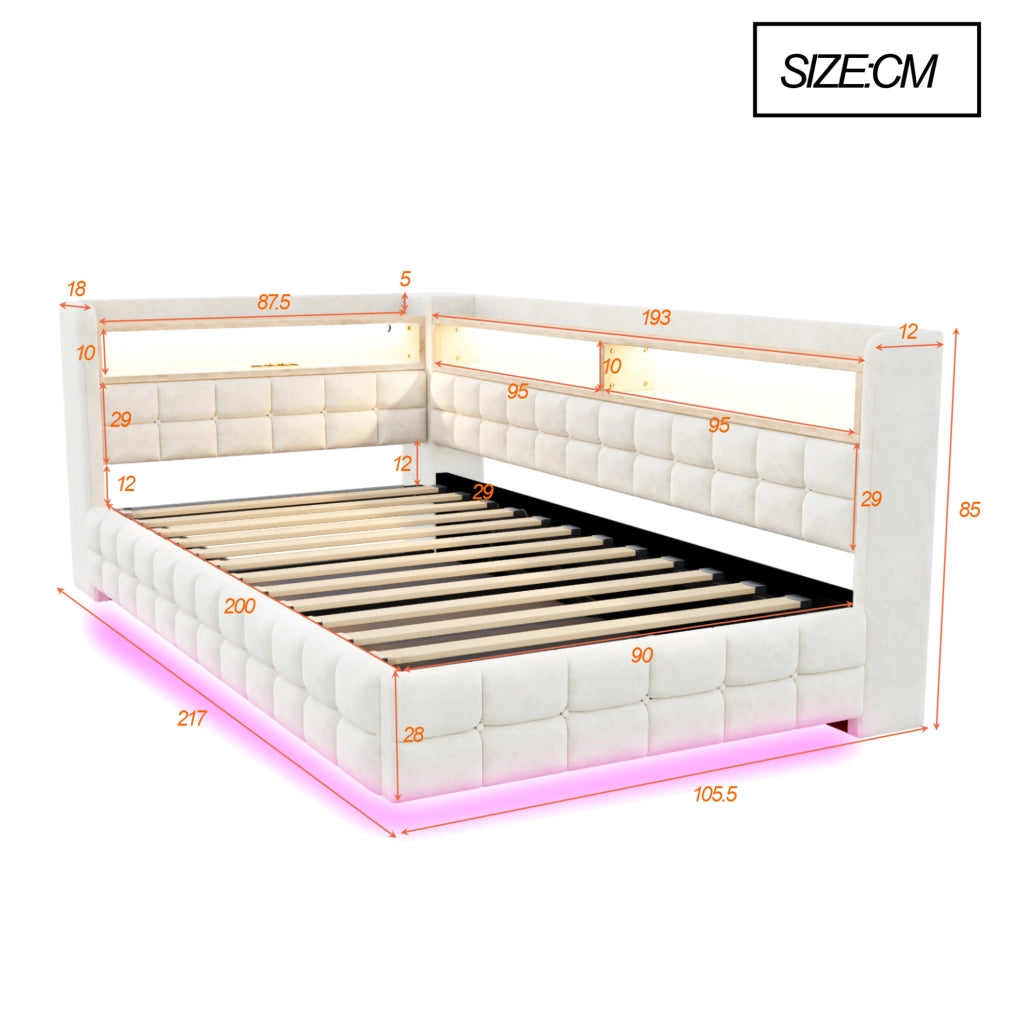 Divano letto imbottito 90x200 cm con contenitore idraulico; LED e prese USB-C; beige