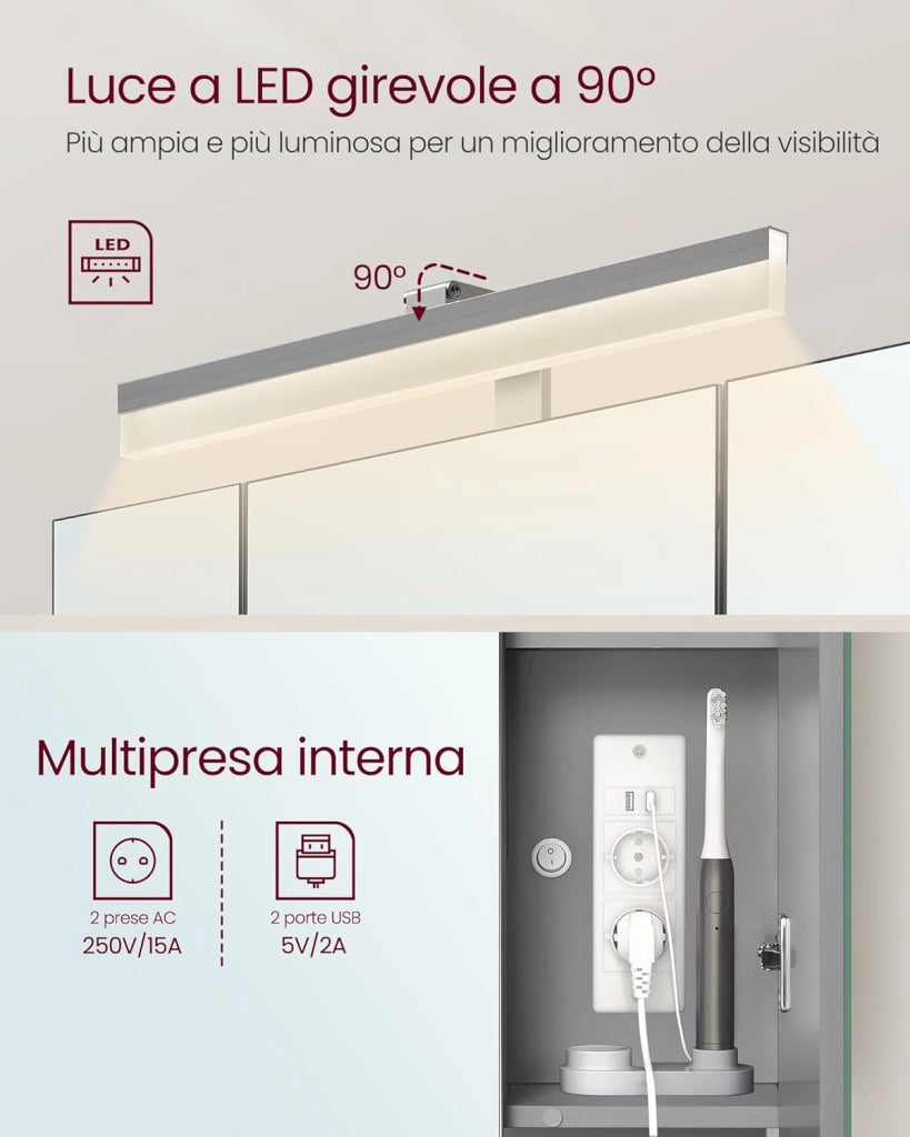 VASAGLE Mobile da Bagno con Illuminazione a LED, 16,5 x 70 x 75 cm, Multipresa Cestino Appeso Supporto per Asciugacapelli per Bagno Lavabo, Bianco Nuvola e Grigio Tortora BBK126G01