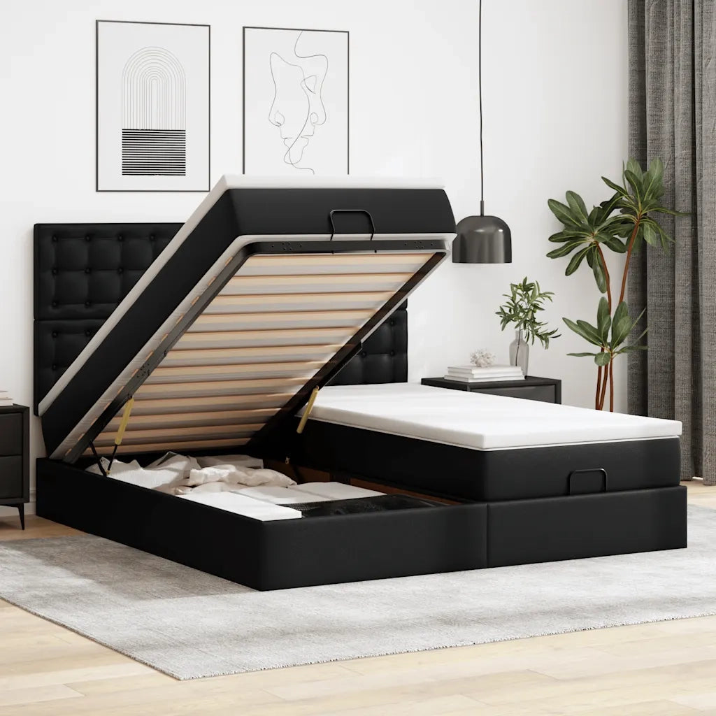 Struttura Letto Pouf con Materassi Nero 180x200 cm Similpelle