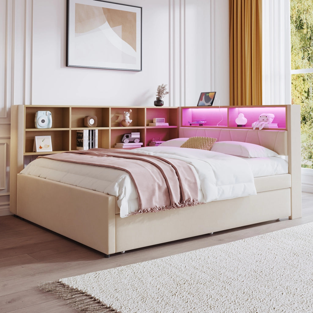 Letto estraibile matrimoniale 140×200 cm e 90×190 cm con LED; USB; Type-C e vani portaoggetti; senza materasso; beige