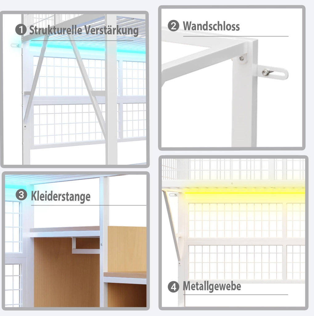 Letto a soppalco 140x200 cm in metallo con LED e scala