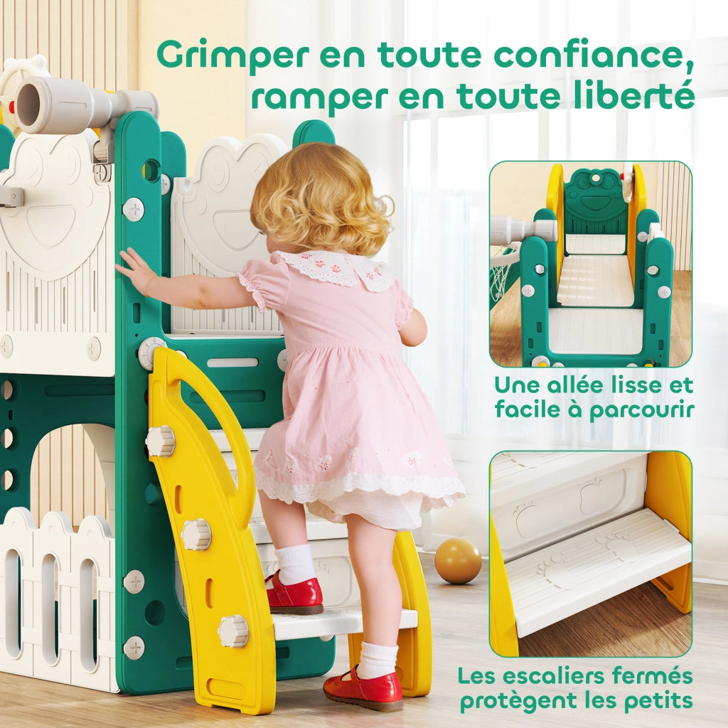 Scivolo 7 in 1 per bambini con canestro basket, telescopio, contenitore, tunnel, parete da arrampicata, tavolo da disegno ¨C Xylo ¨C giallo
