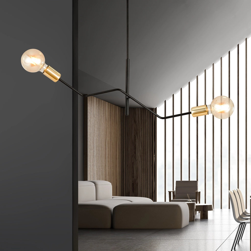 Sospensione Industrial 2 Luci Sugu Acciaio Nero E Oro Bracci Regolabili