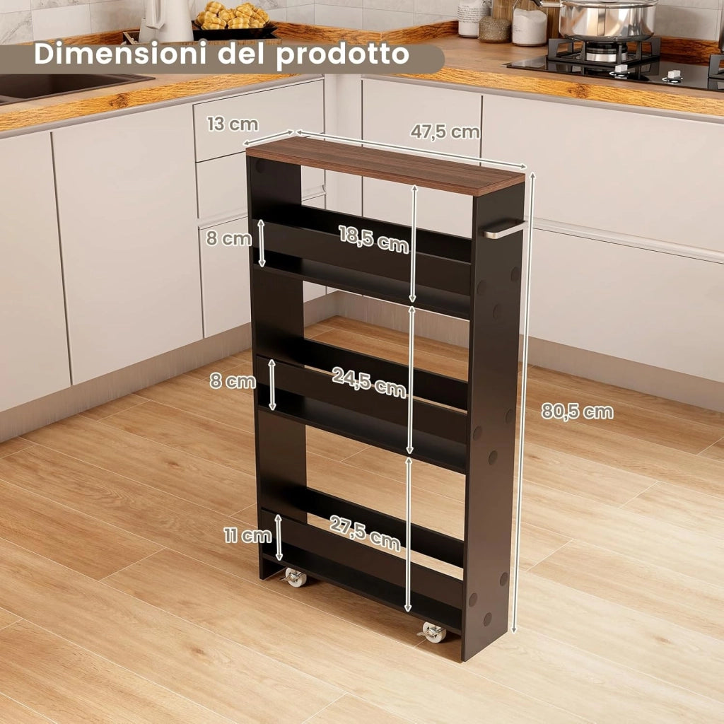 Carrello Portaoggetti da Cucina, Scaffale con Maniglia Laterale e Ruote, Carrello Salvaspazio con 3 Scaffali Stretti, 47,5x13x80,5 cm (Marrone+Nero)