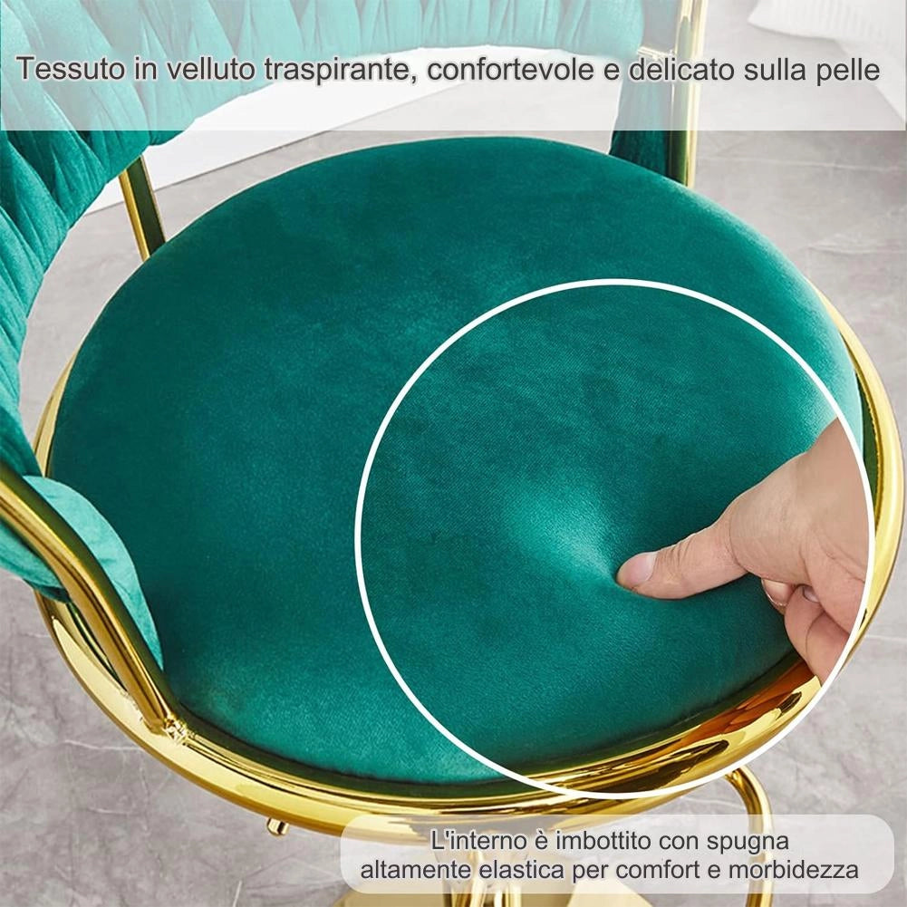 Coppia Sgabelli da Cucina Bar Schienale Intrecciato Velluto e Struttura Oro Verde