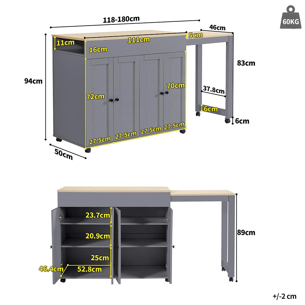 Tavolo Bar Estendibile - Xylo - 118-180??50??94 cm - Grigio 6 Ripiani