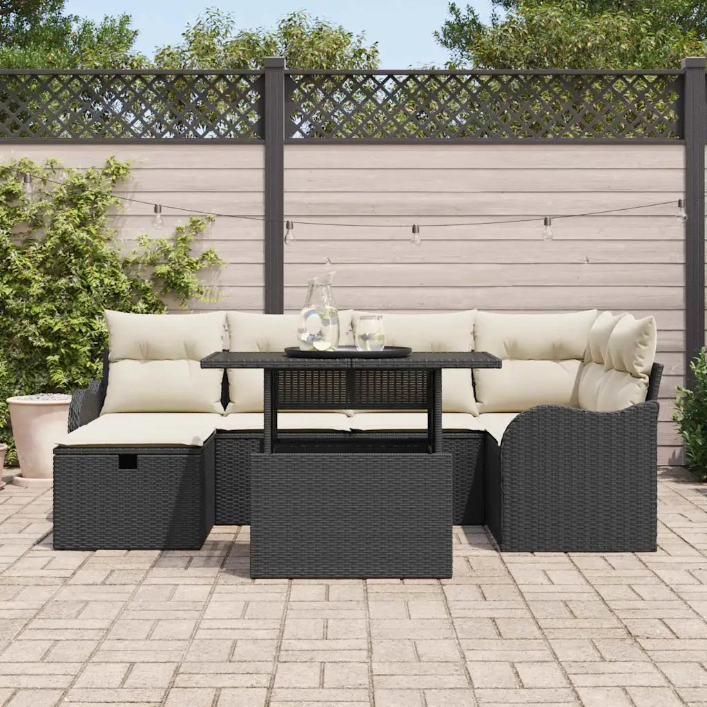 Set Divano da Giardino con cuscino 7 pcs Nero Poly Rattan