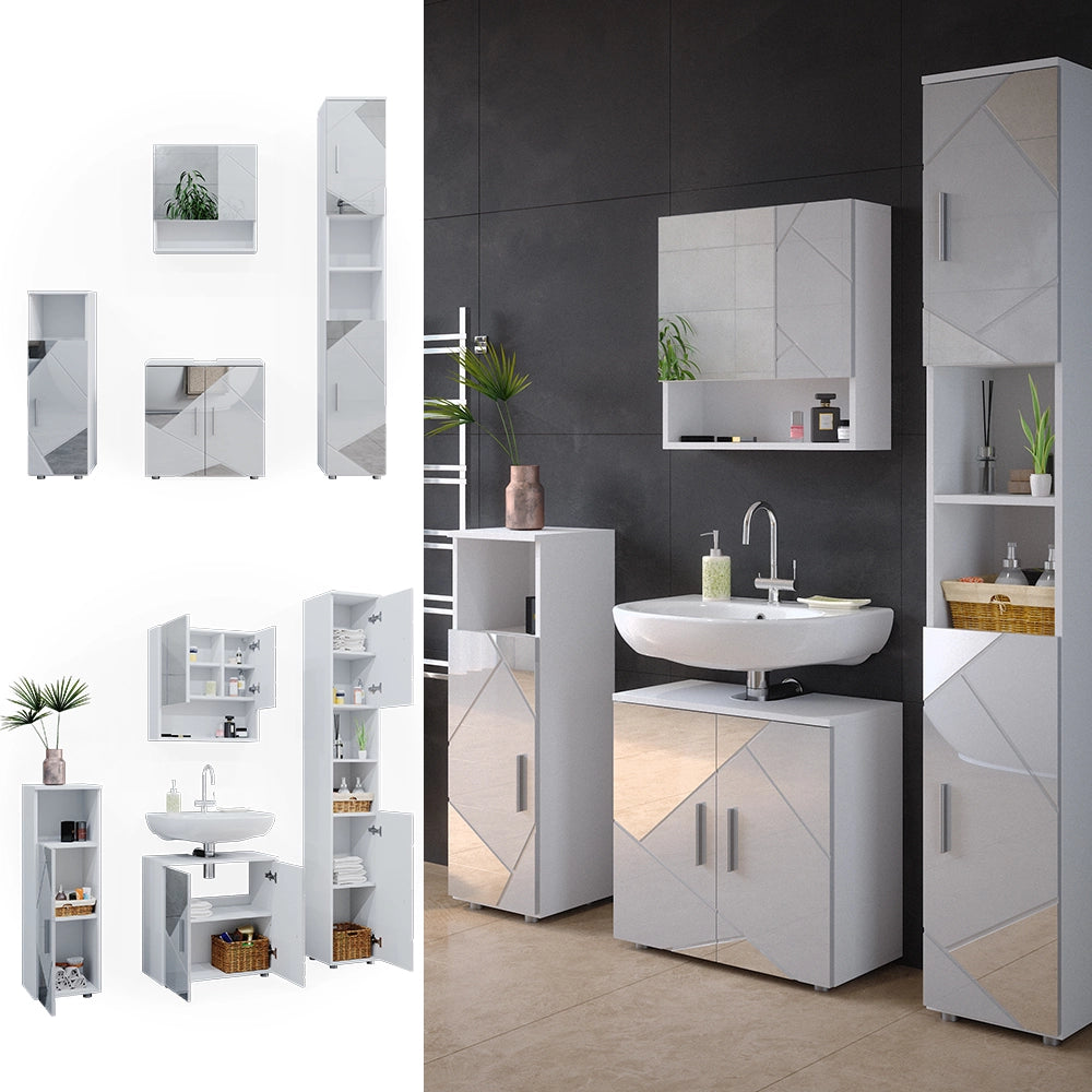 Vicco Set mobili bagno Bianco lucido con inserti 4 parti, con armadio alto
