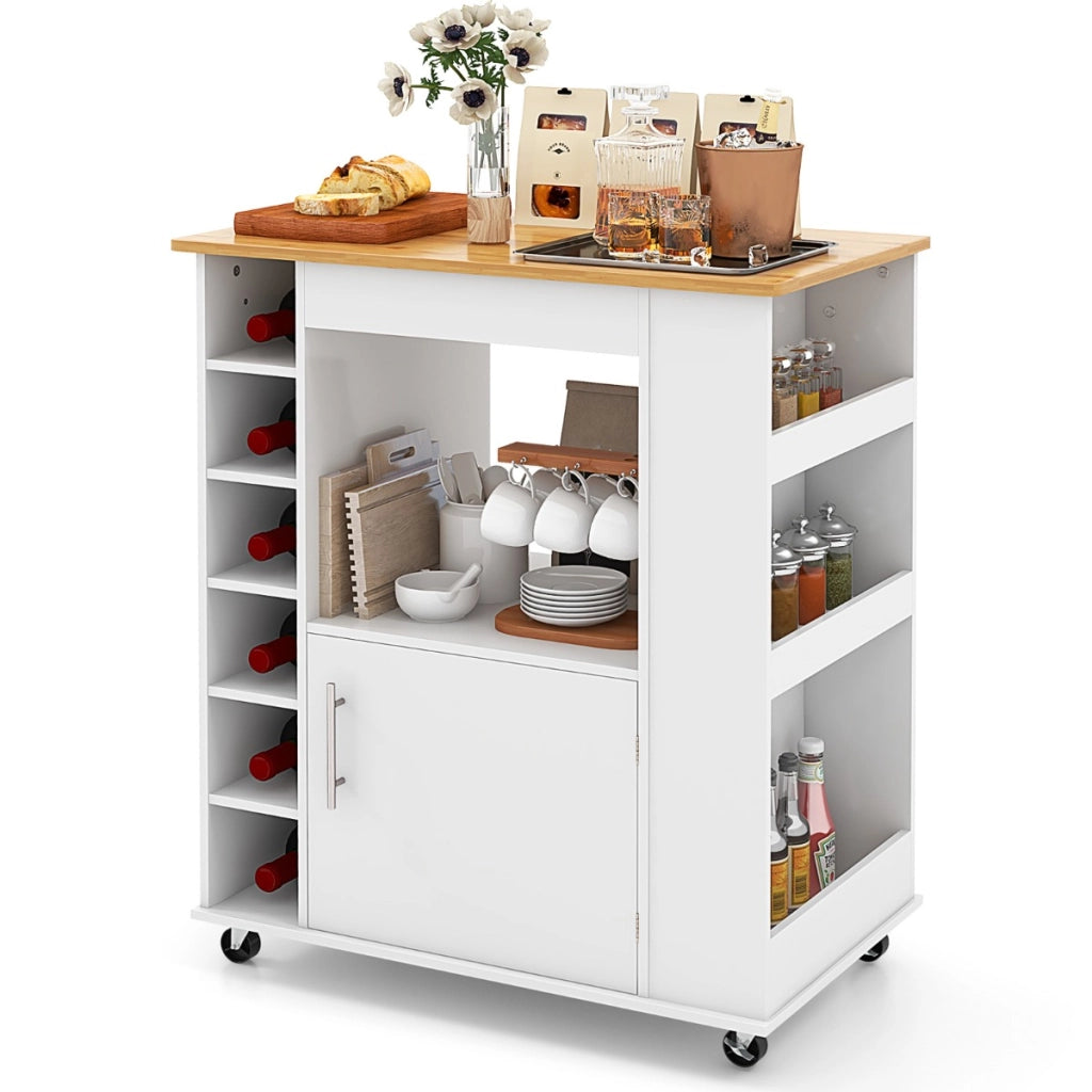 Isola da cucina con ruote e portabottiglie a 6 scomparti piano in bamb¨´, Carrello da cucina 76x44x89cm Bianco-Carrelli