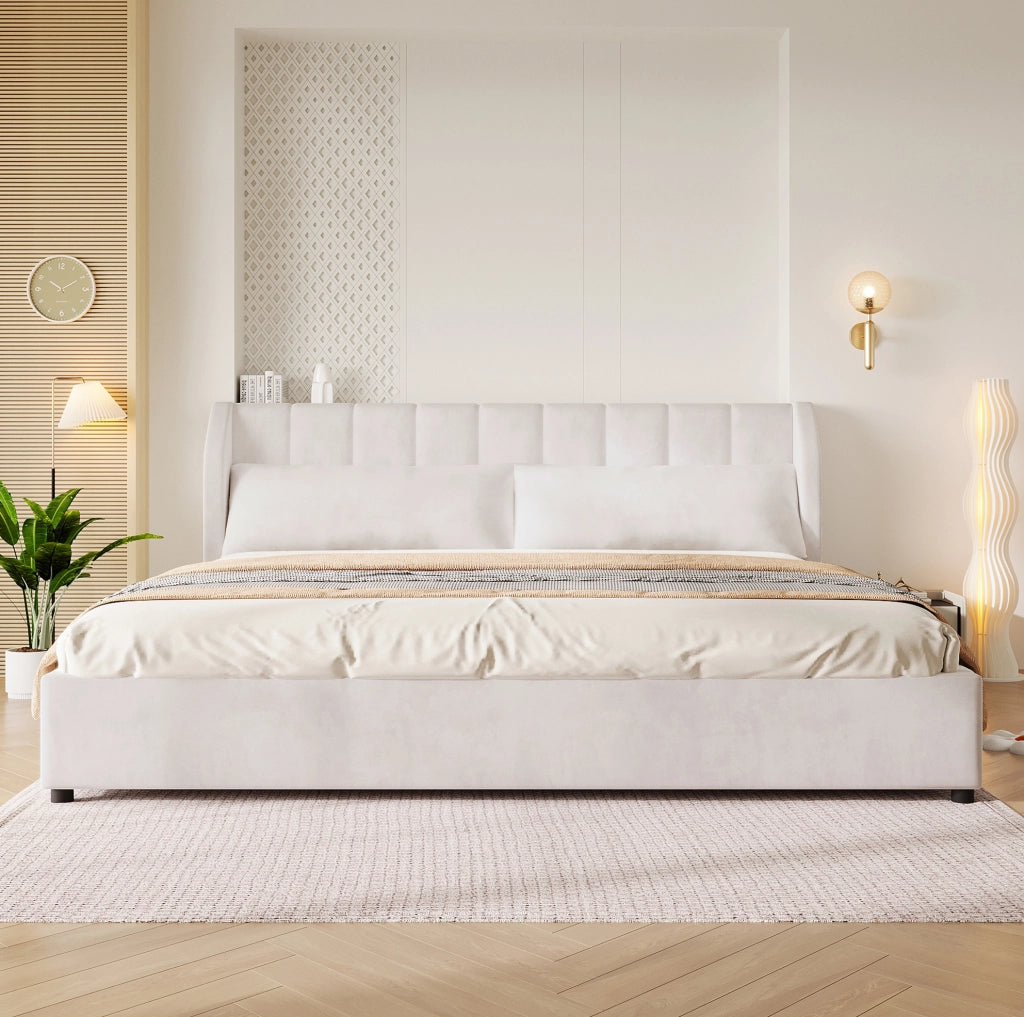 Letto imbottito 180x200 cm beige in flanella con rete a doghe