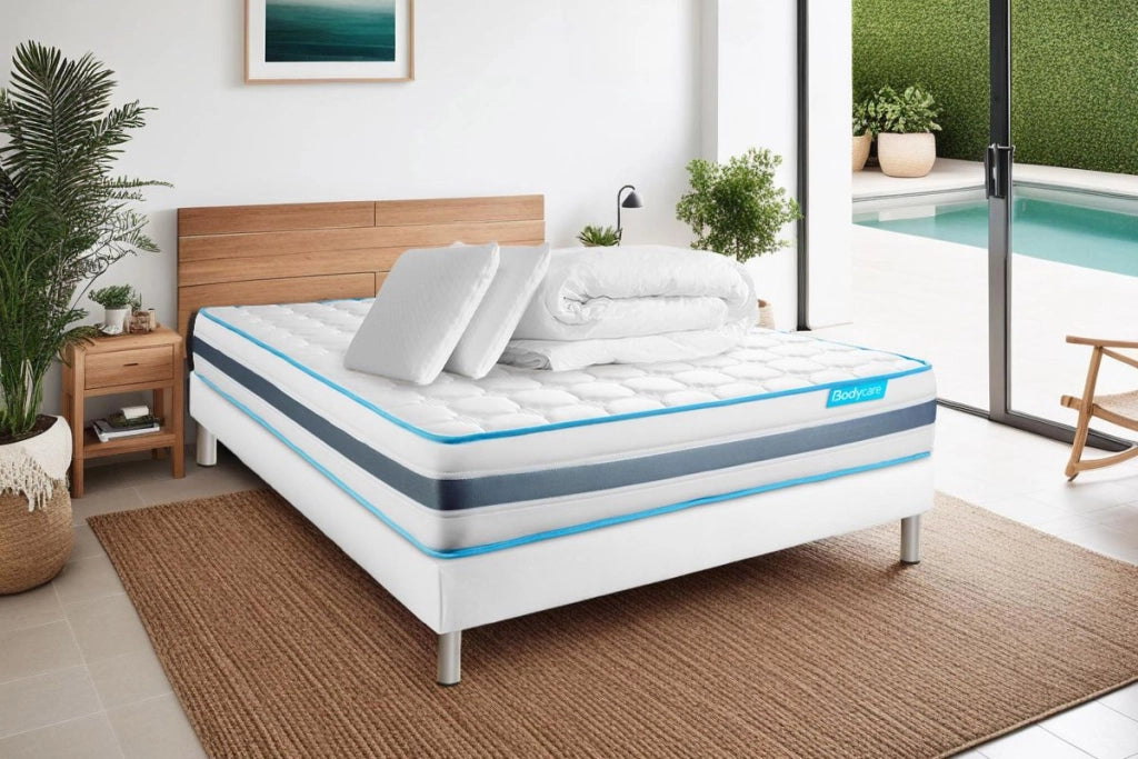 Pacchetto letto completo - Materasso 160x200cm + Box spring con doghe (kit) + 2 cuscini + Piumino - BodyFlex