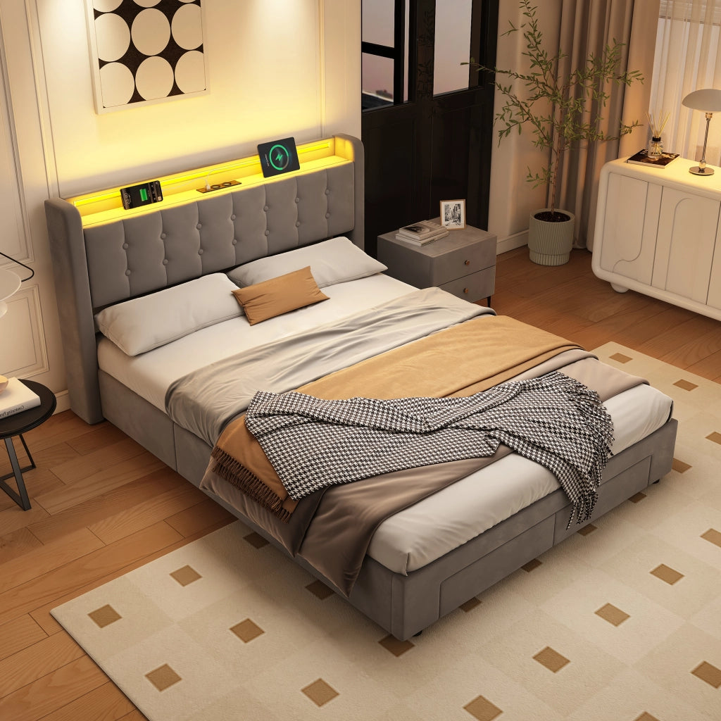 LETTO Imbottito 140 x 200 cm in Velluto con LED, USB e 2 Cassetti