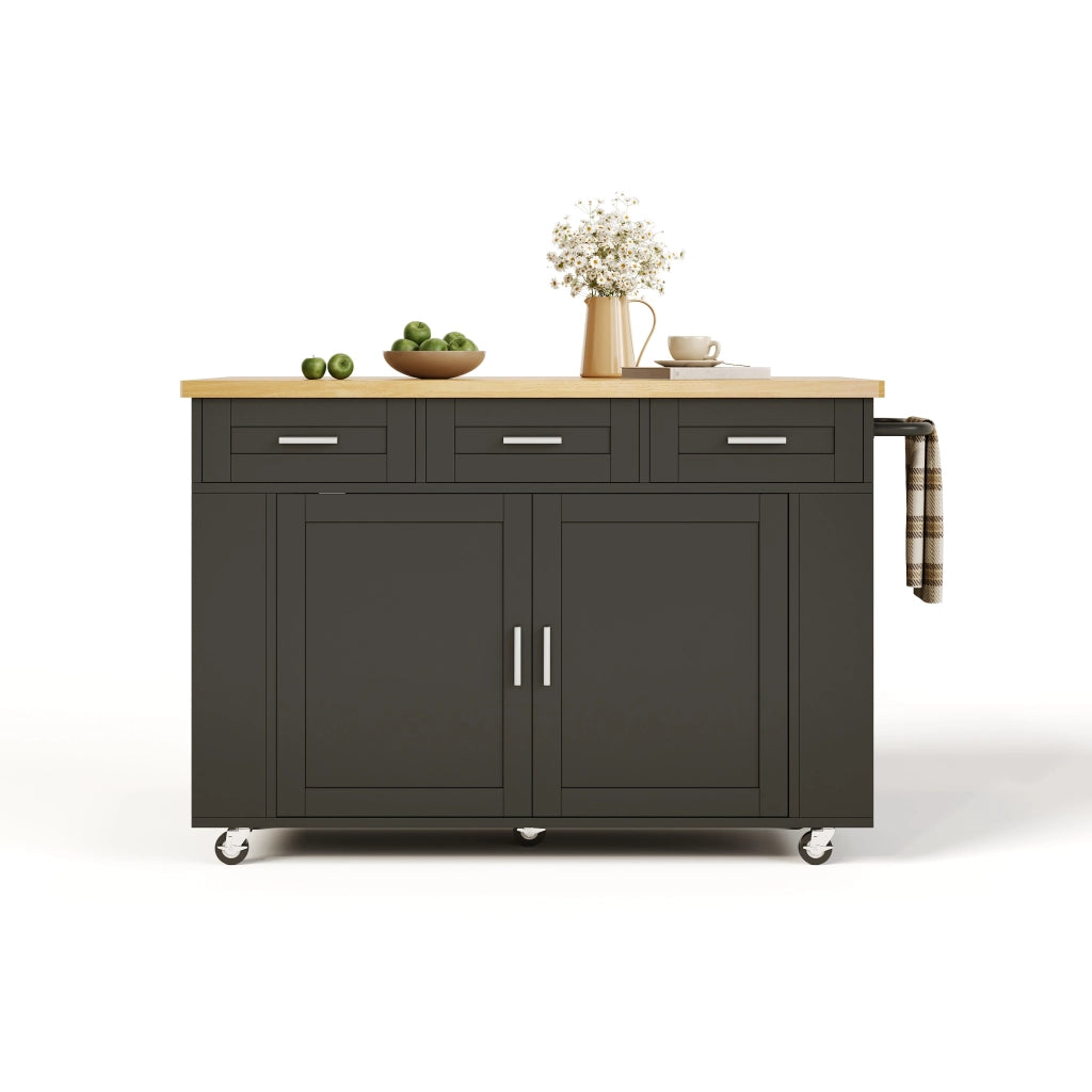Isola da cucina mobile con piano ribaltabile, organizer estraibili, 3 cassetti, prese integrate e ruote bloccabili, 120 x 45(70) x 84 cm