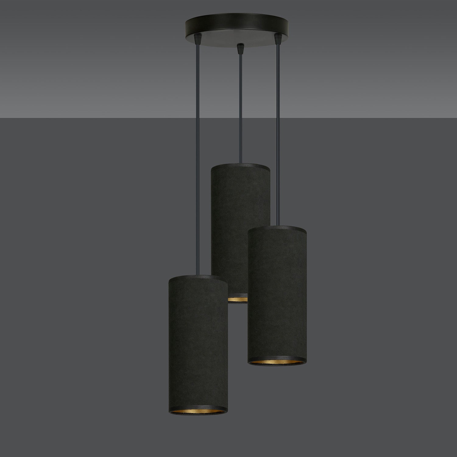 Sospensione Tonda 3 Luci Bente In Acciaio Nero E Paralumi Nero E Oro