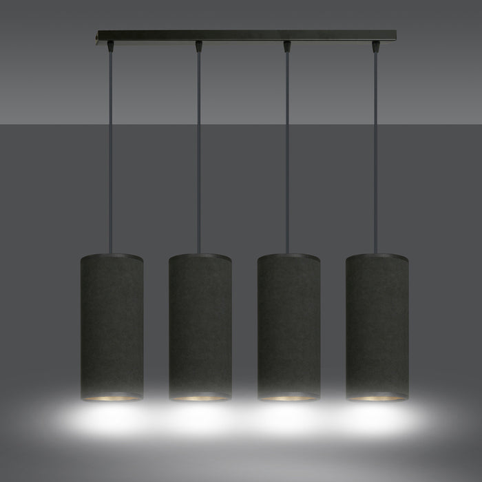 Sospensione 4 Luci Bente In Acciaio Nero E Paralumi Nero E Oro