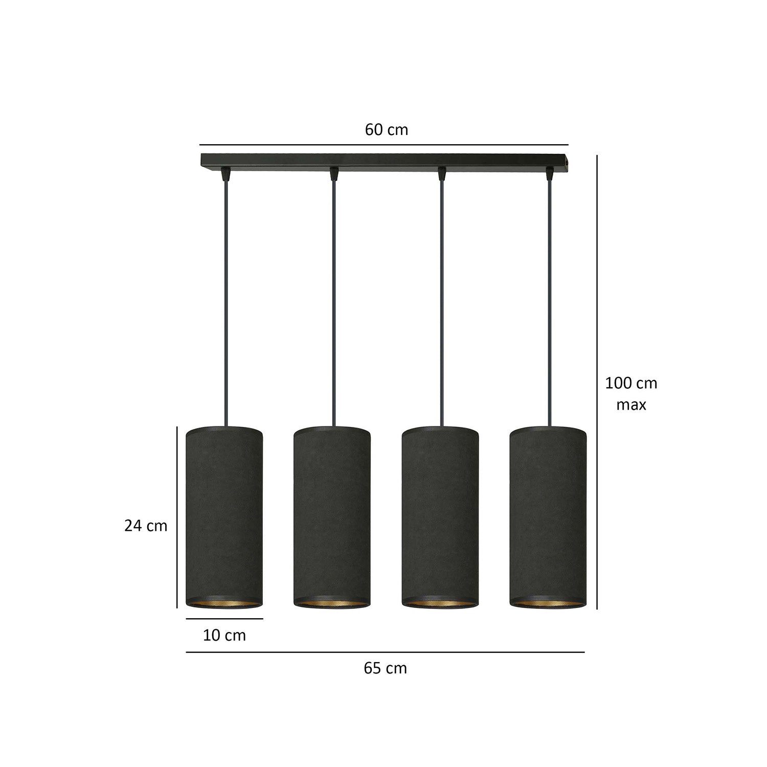 Sospensione 4 Luci Bente In Acciaio Nero E Paralumi Nero E Oro
