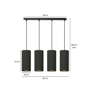 Sospensione 4 Luci Bente In Acciaio Nero E Paralumi Nero E Oro