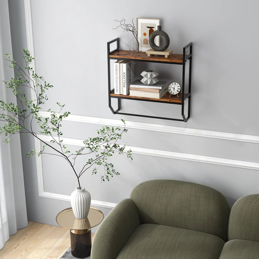 Scaffale a Muro 2 Livelli, Mensole a Parete con Barra Porta Asciugamani e Telaio in Metallo, Scaffale da Parete per Bagno Soggiorno Cucina, Stile Industriale, 59x20x58 cm