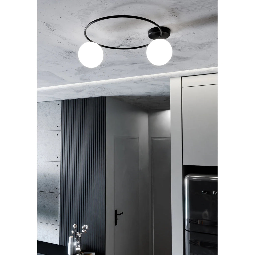 Plafoniera Minimal 2 Luci Perseo In Acciaio Nero E Sfere In Vetro Bianco