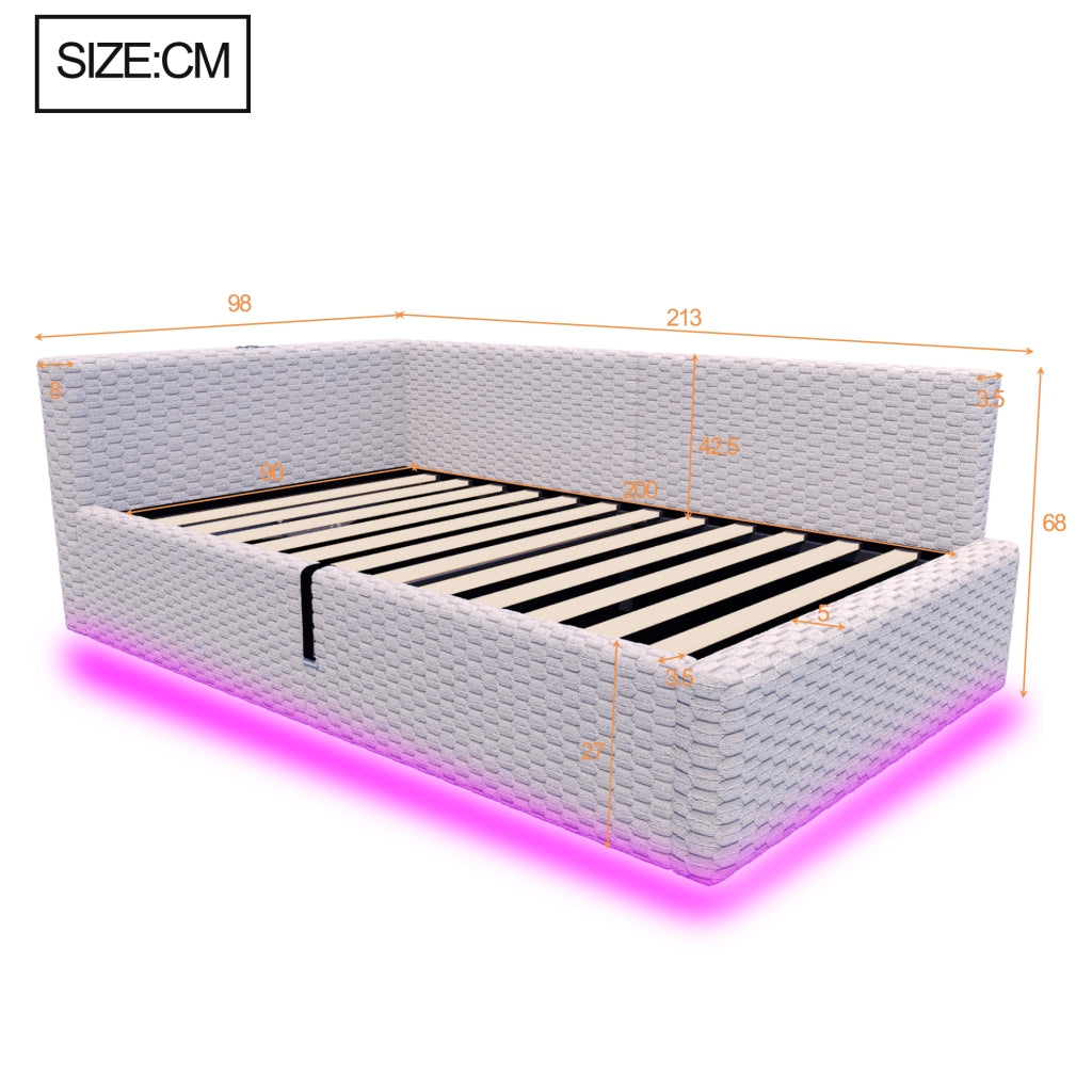 Letto imbottito singolo 90×200 cm con contenitore; LED; USB e Type-C; senza materasso; velluto grigio