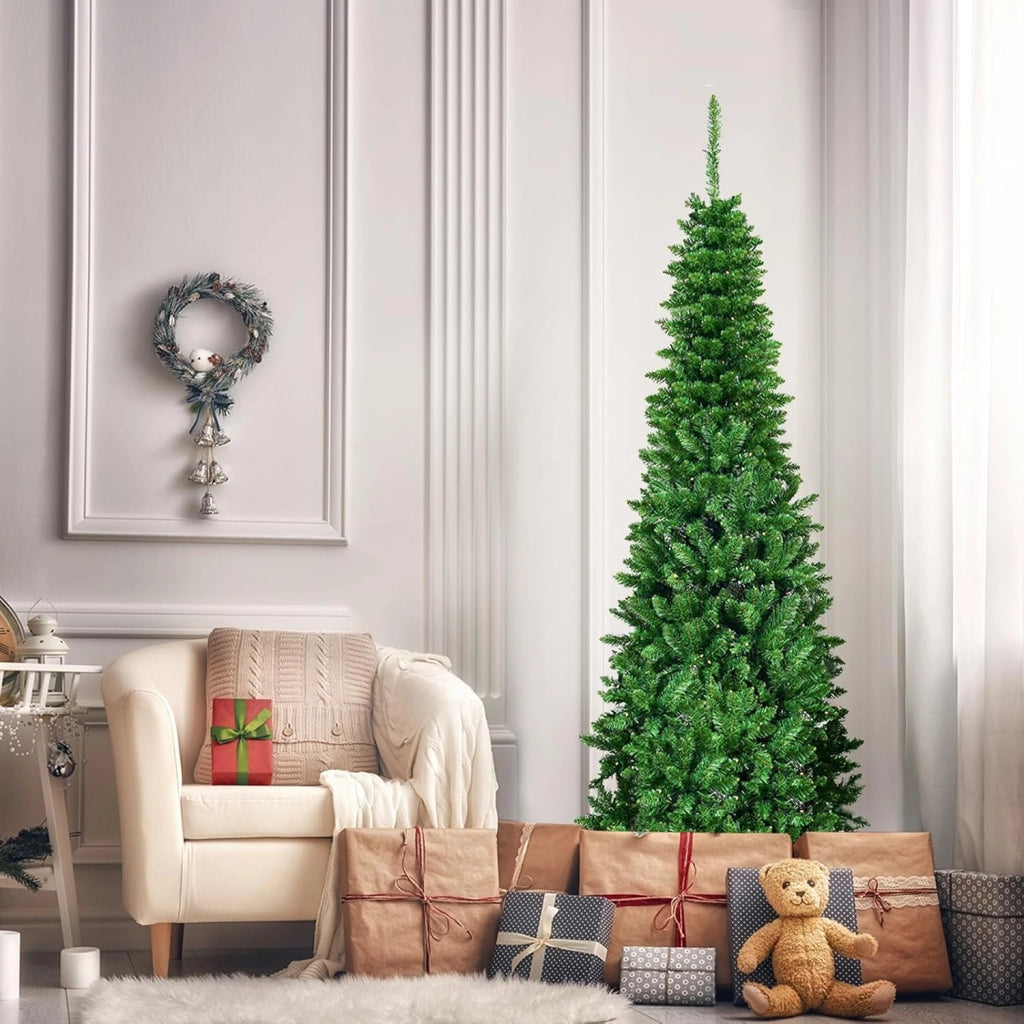 Albero di Natale 135/200/225 cm, Albero di Natale Slim con 150/250/350 Luci a LED Calde, 226/708/1085 Rami Folti e Base di Metallo, Ideale per Casa, Ufficio e Negozio (200 cm)