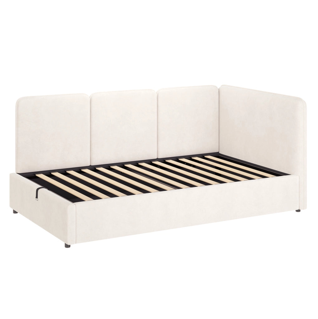 Letto imbottito 90x200 cm con contenitore idraulico in velluto beige