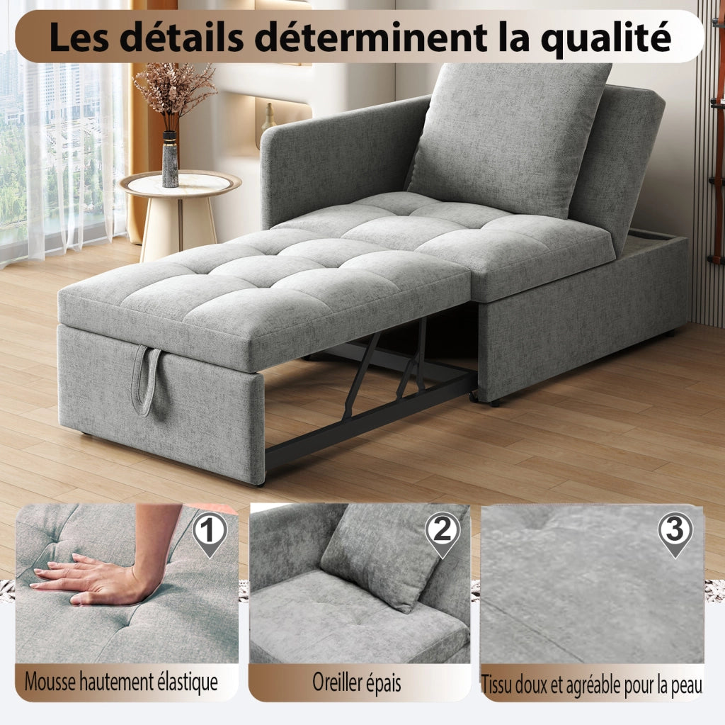 Divano letto 3 in 1 177x68 cm in lino grigio con schienale regolabile