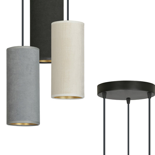 Sospensione 3 Tonda Luci Bente In Acciaio Nero E Paralumi Nero Grigio Bianco