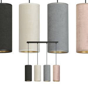 Sospensione 4 Luci Bente In Acciaio Nero E Paralumi Nero Grigio Bianco E Rosa