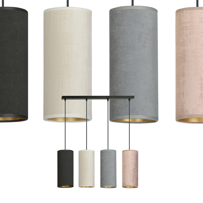 Sospensione 4 Luci Bente In Acciaio Nero E Paralumi Nero Grigio Bianco E Rosa