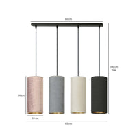 Sospensione 4 Luci Bente In Acciaio Nero E Paralumi Nero Grigio Bianco E Rosa