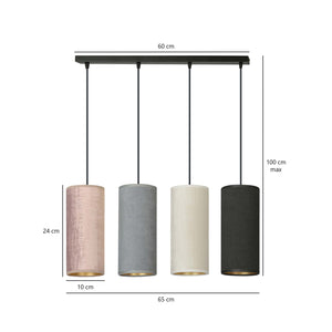 Sospensione 4 Luci Bente In Acciaio Nero E Paralumi Nero Grigio Bianco E Rosa