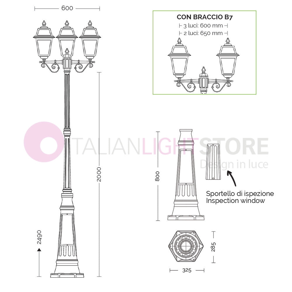 ARTEMIDE ANTRACITE Lampione h. 249 a 3 luci per Esterno Classico Lanterne Quadrate
