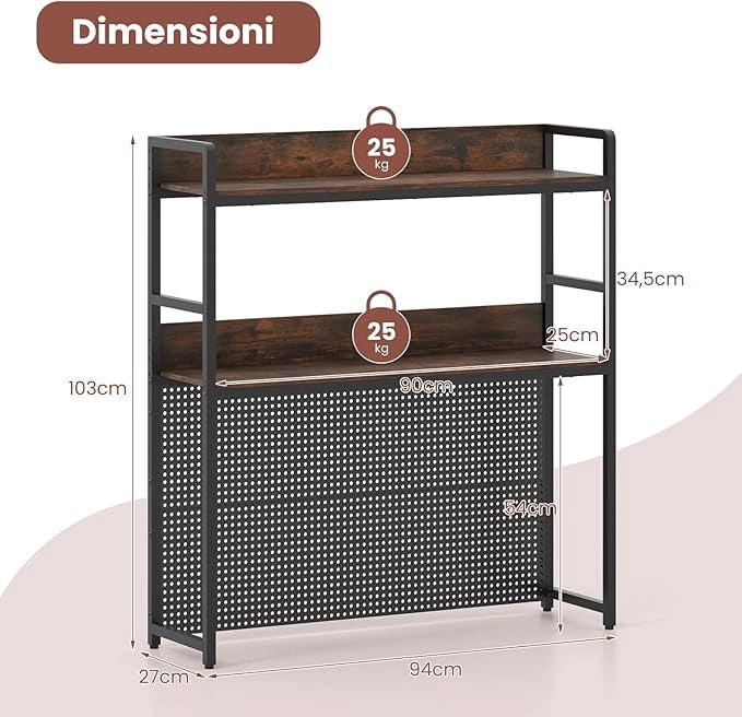 Libreria da Scrivania a 2 Livelli, Scaffale da Tavolo Industriale per Monitor di Computer Fino a 32", Organizzatore di Stoccaggio con Pegboard, per Dormitorio Ufficio e Casa, 94x27x103 cm