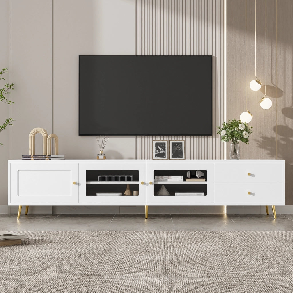 Mobile TV basso moderno con 2 cassetti, 2 ante in vetro e 1 anta, ampio spazio contenitore, bianco, 170¡Á40¡Á28 cm
