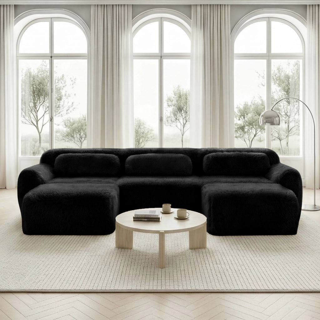 Divano Modulare a U con Design Ergonomico e Pouf Modulare, Base Antiscivolo, in Peluche Nero