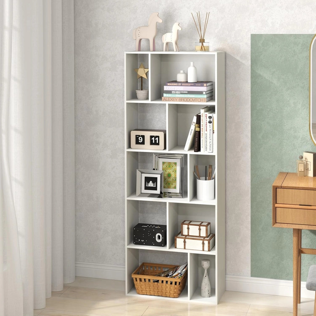 Libreria Geometrica a 5 Piani, Scaffale in Legno con 10 Scomparti, Mensola Espositiva a Pavimento, Scaffale Autoportante per Studio Soggiorno Camera da Letto, 60x25x160 cm