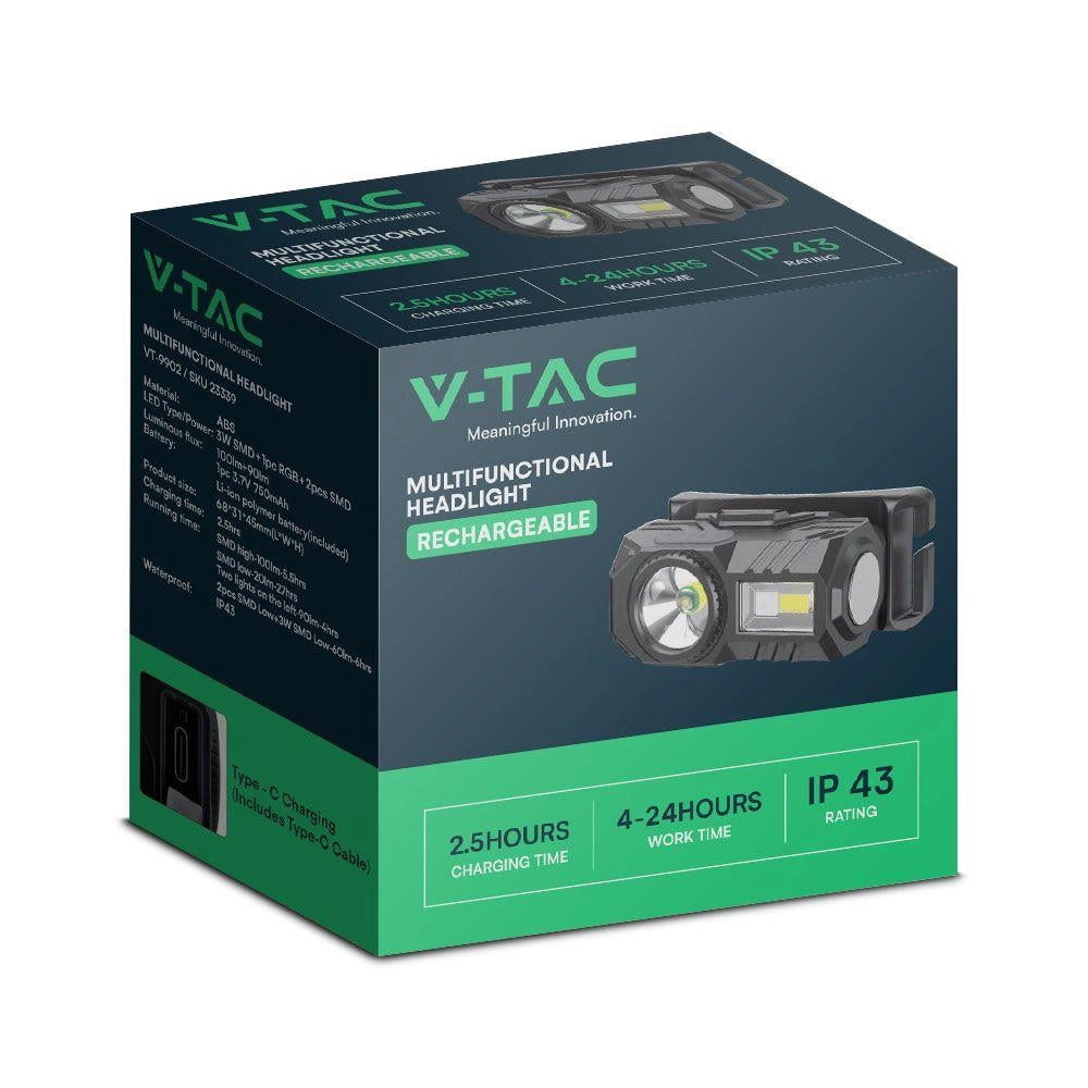 Torcia frontale/bici LED RGB 190lm USB-C IP43 V-TAC